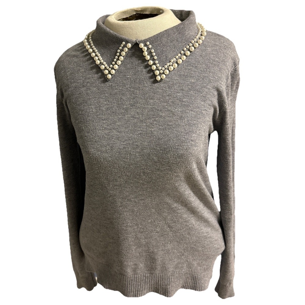 Luna Faux Pearl Collar Knit Sweater Women's Sz M Gray Long Sleeve